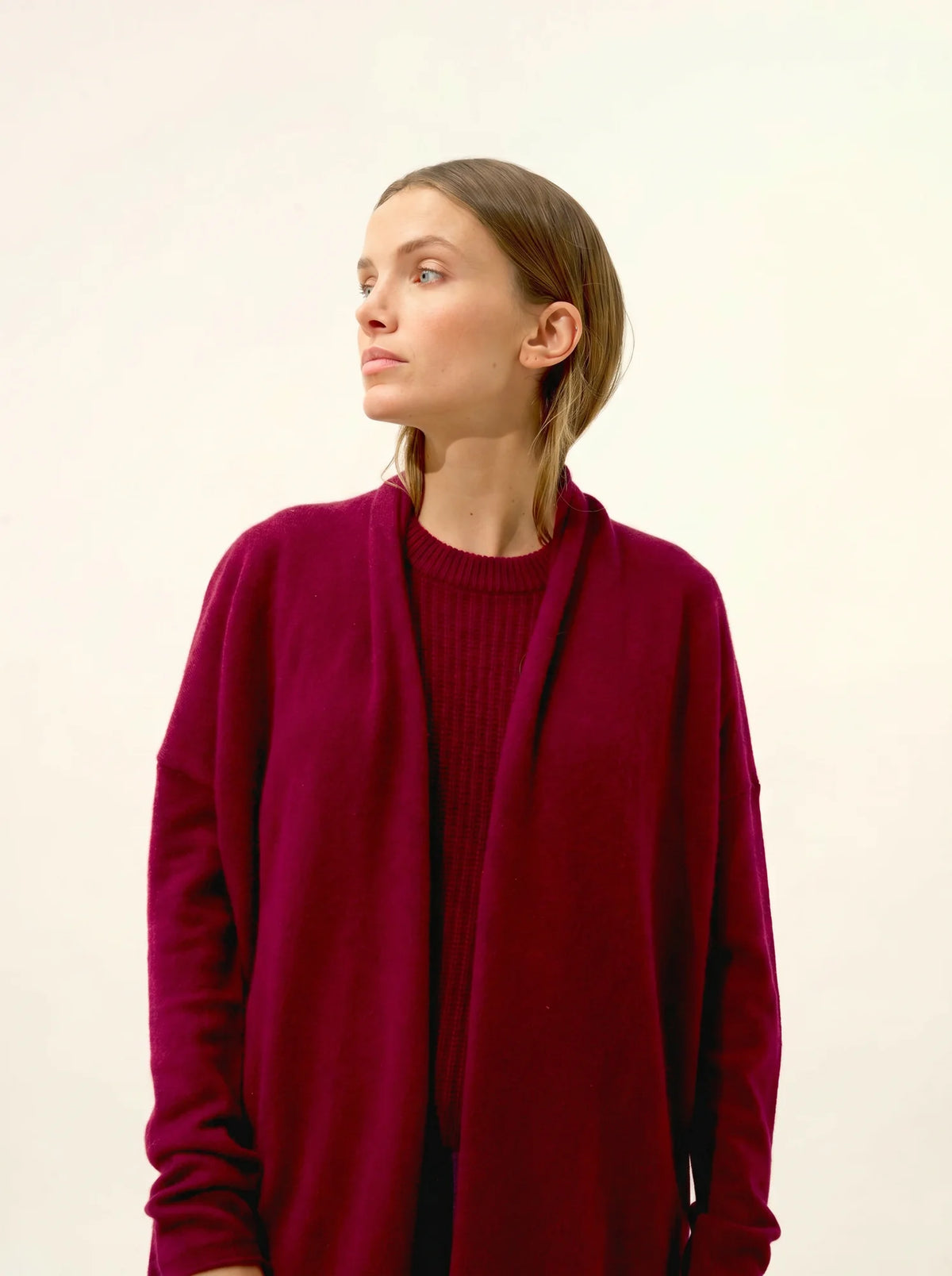 MADDIE Jacket Long Open Shawl Collar Burgundy