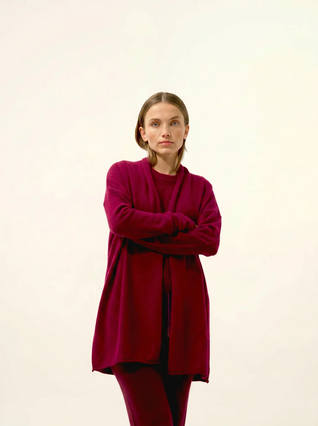 MADDIE Jacket Long Open Shawl Collar Burgundy