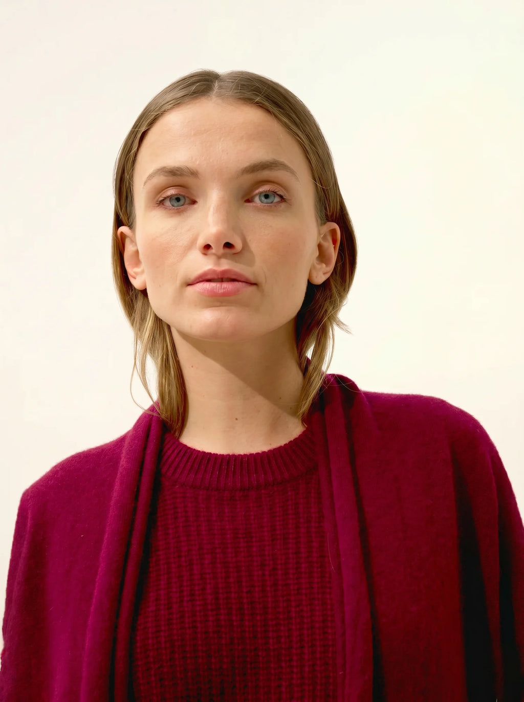 MADDIE Jacket Long Open Shawl Collar Burgundy