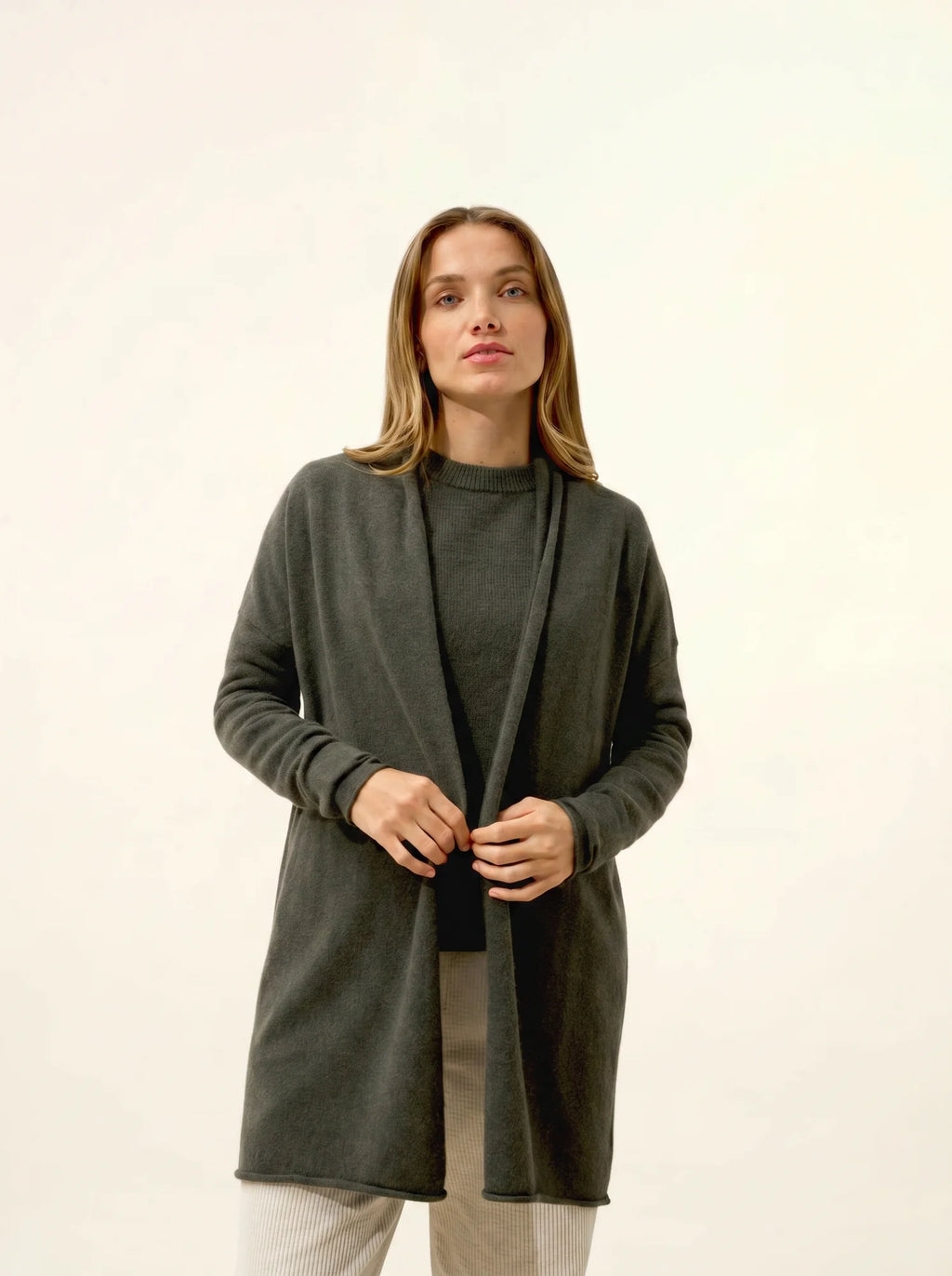 MADDIE Jacket Long Open Shawl Collar Heather Khaki