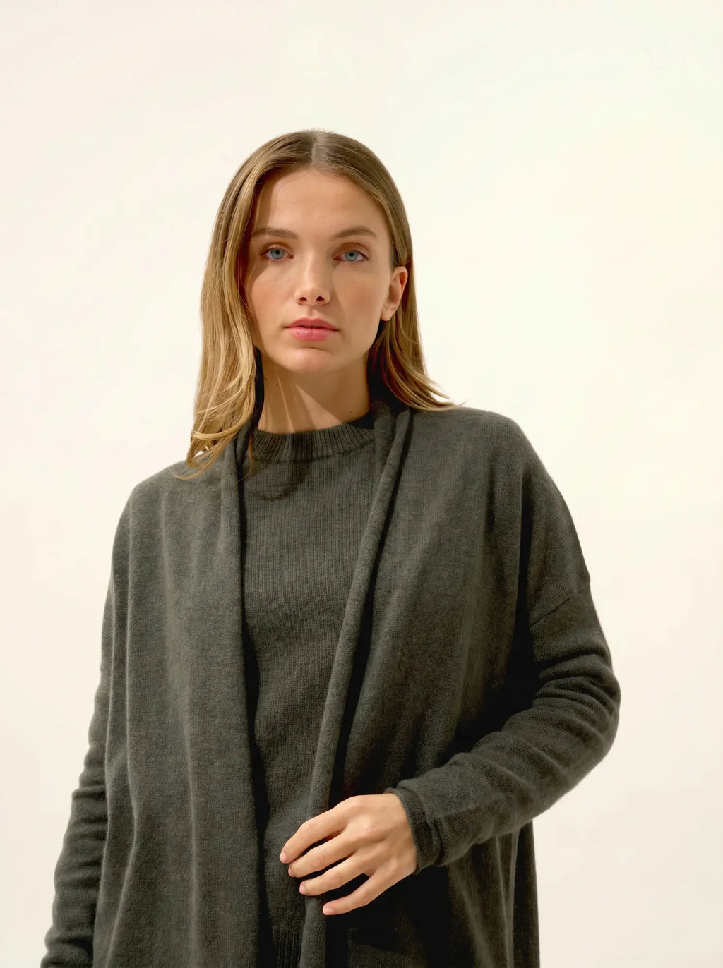 MADDIE Jacket Long Open Shawl Collar Heather Khaki