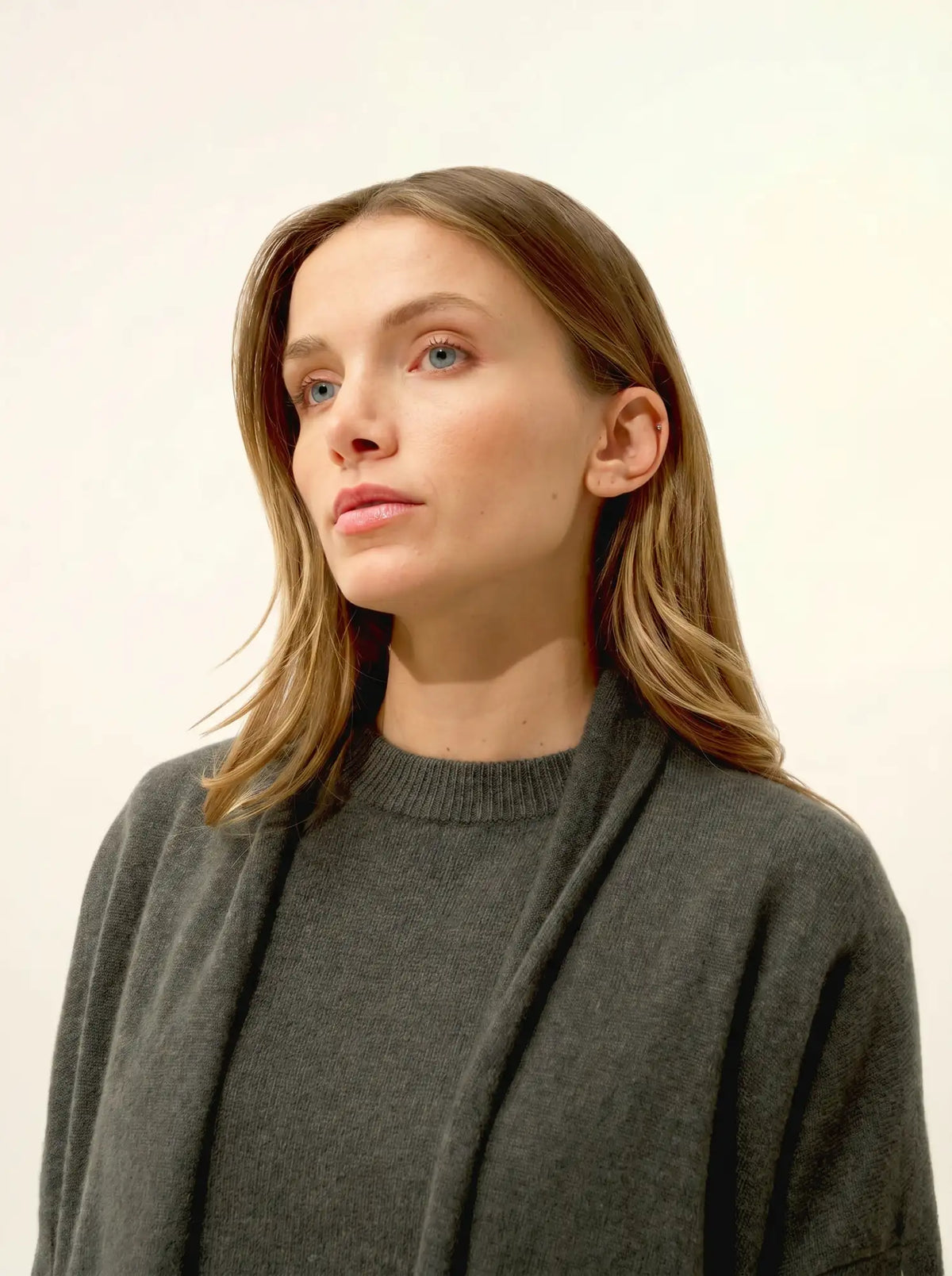 MADDIE Jacket Long Open Shawl Collar Heather Khaki