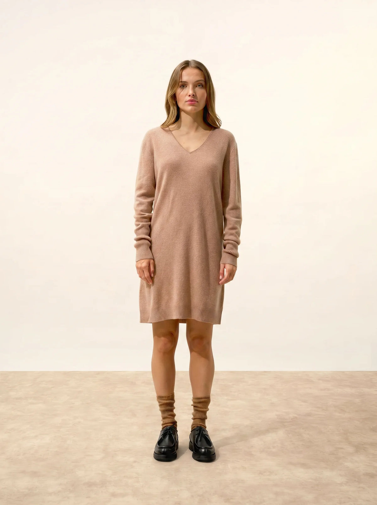 MILEYA Dress V-Neck Heather Camel