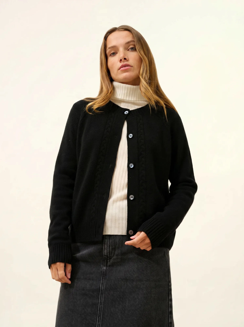 CALISTA Cardigan Col Rond 4 Fils Noir