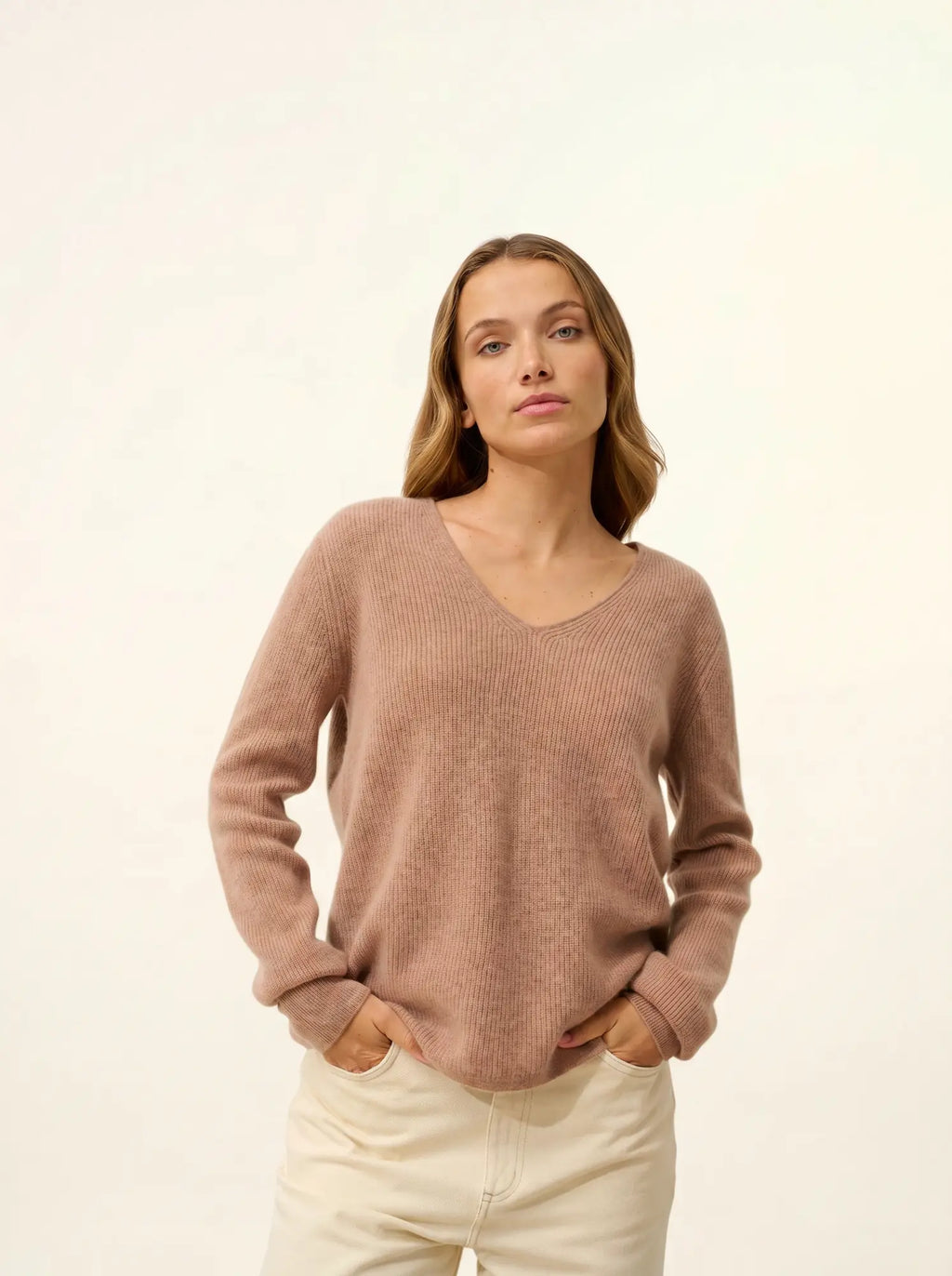 CIELORA Pullover V-Ausschnitt Camel meliert