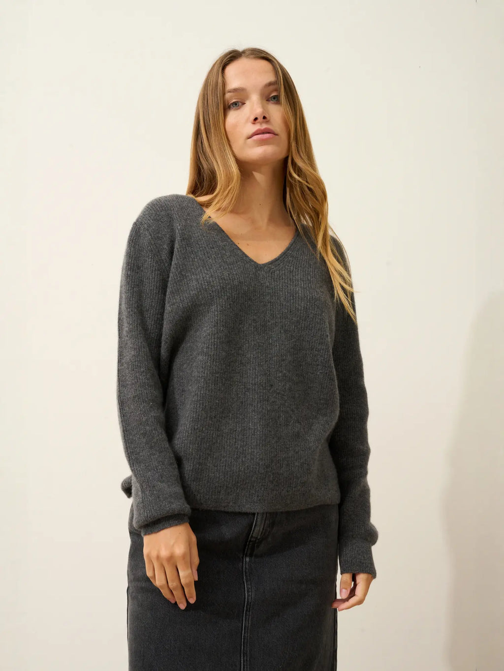 CIELORA Pullover V-Ausschnitt Anthrazit meliert