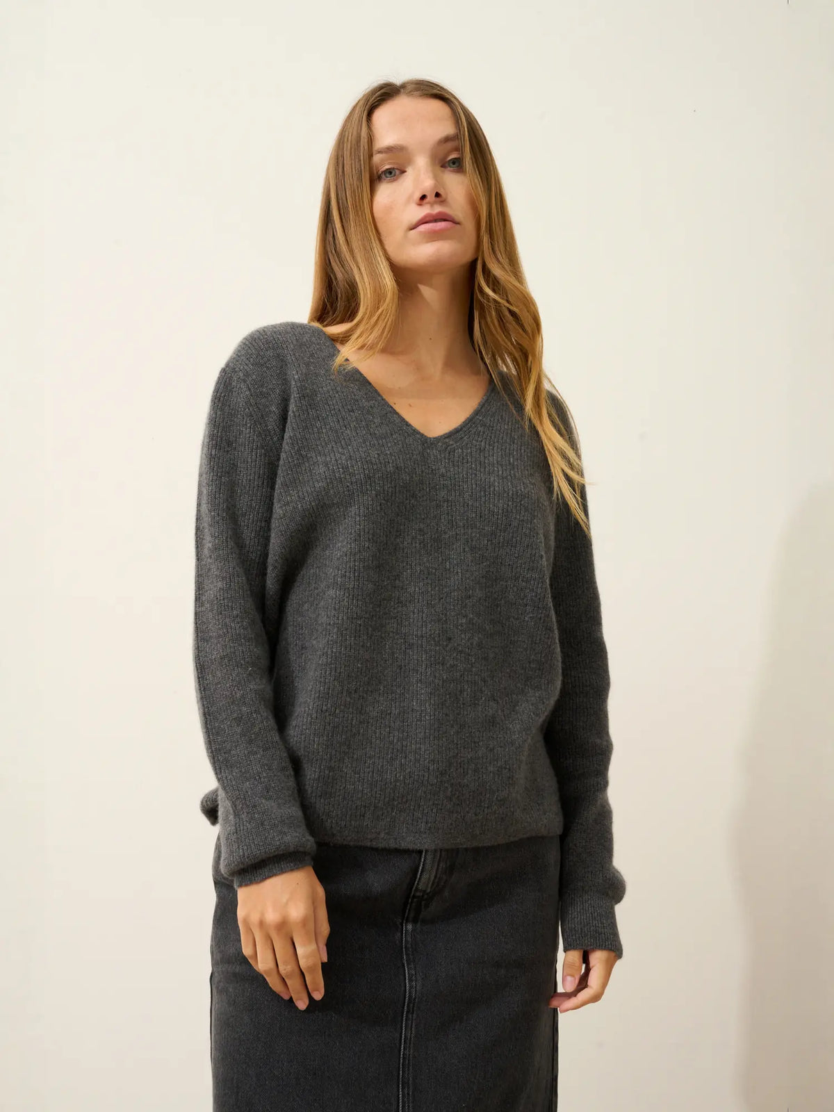 CIELORA Pullover V-Ausschnitt Anthrazit meliert