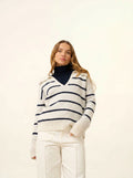 AMARISSE Polo Col V Croisé 4 Fils Blanc Chiné et Bleu Marine