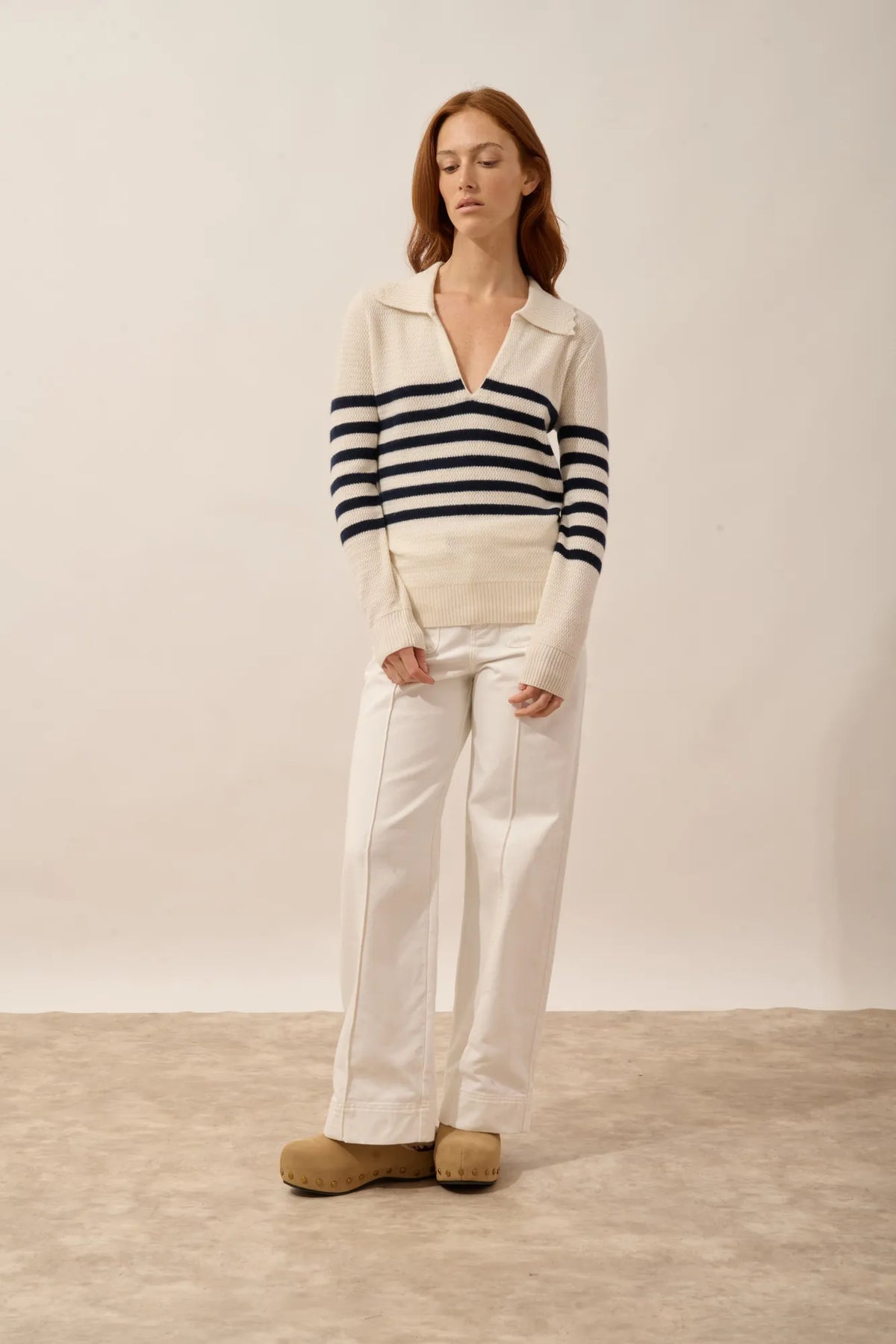ÉLYANE Pull Col Polo Ouvert Bleu Marine et Ivoire