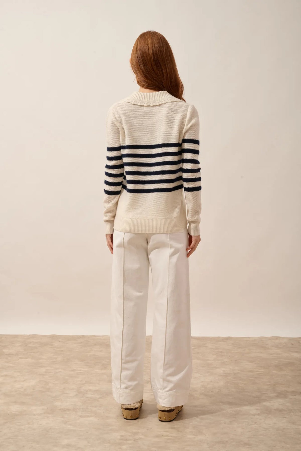 ÉLYANE Pull Col Polo Ouvert Bleu Marine et Ivoire