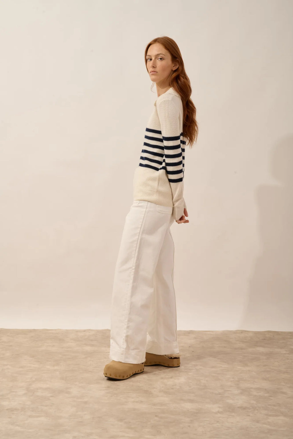 ÉLYANE Pull Col Polo Ouvert Bleu Marine et Ivoire