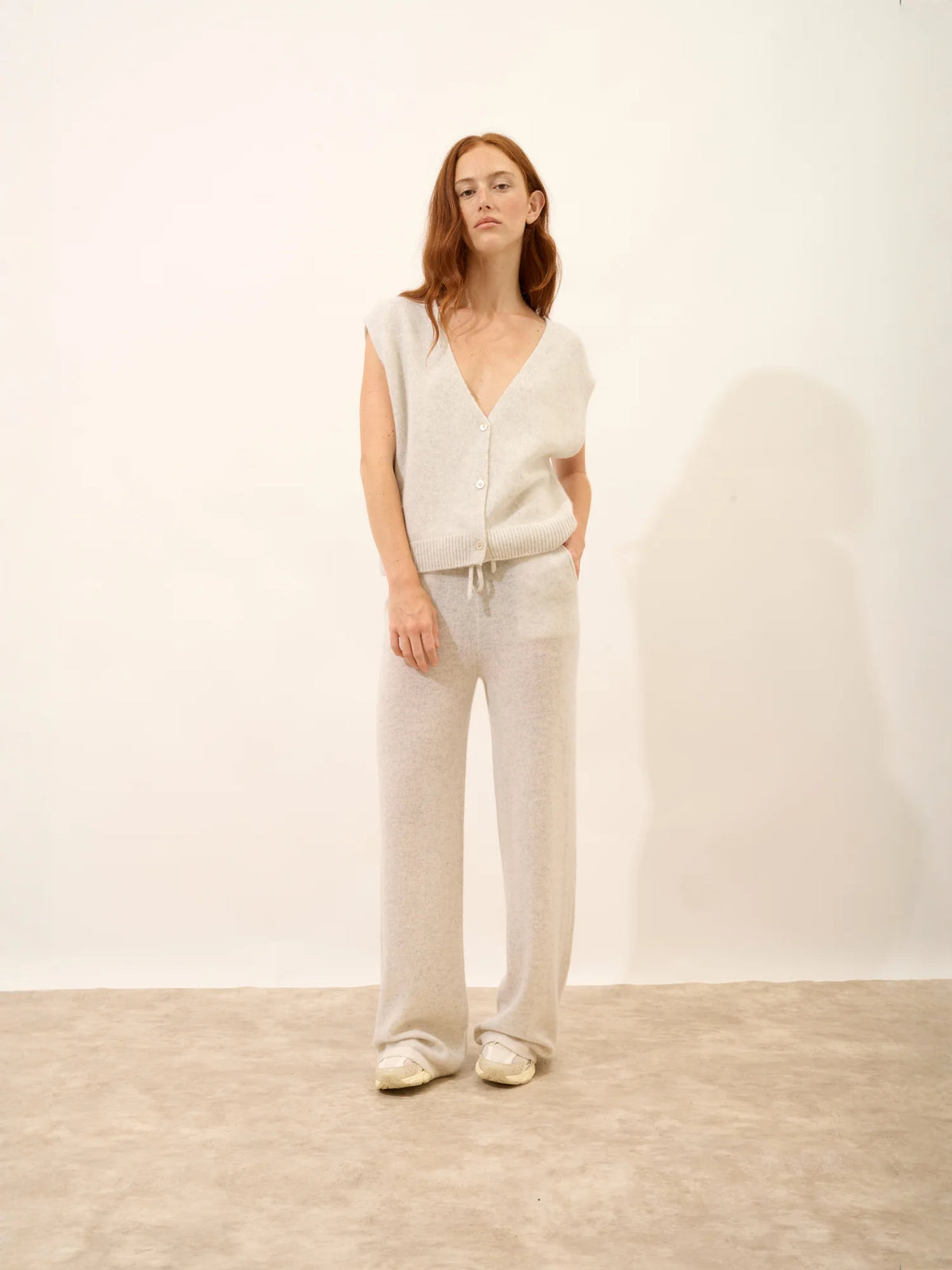 LUCIANA Pantalon Large Gris Perle Chiné et Ivoire