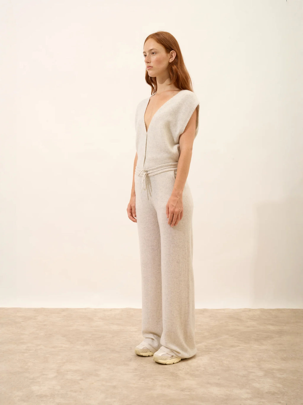 LUCIANA Pantalon Large Gris Perle Chiné et Ivoire