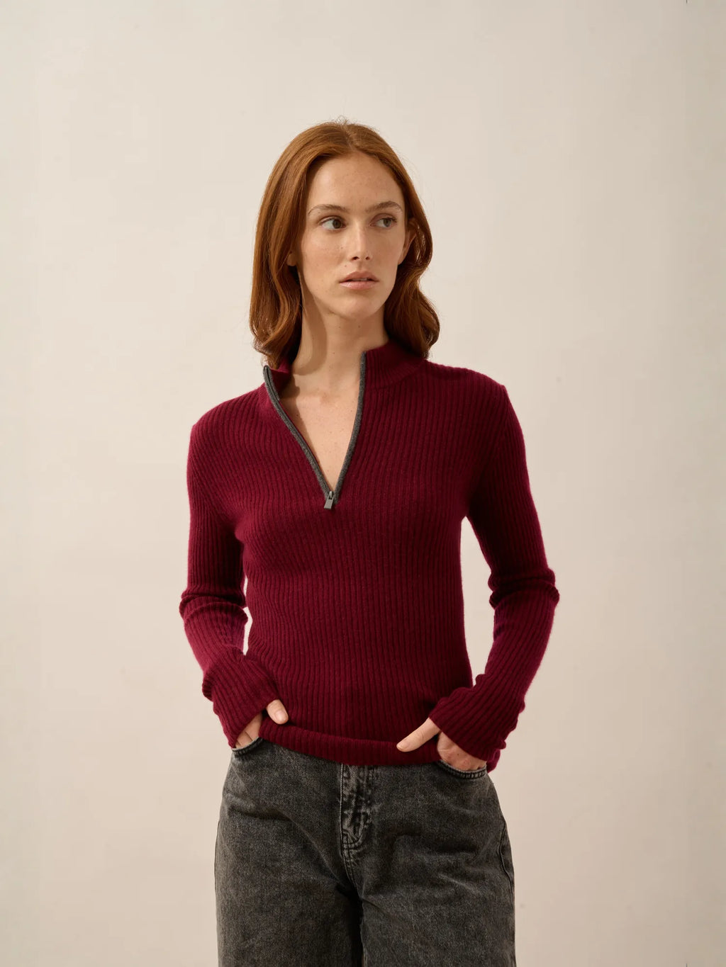 CASSILDA Pullover Truckerkragen Bordeaux und Anthrazit meliert