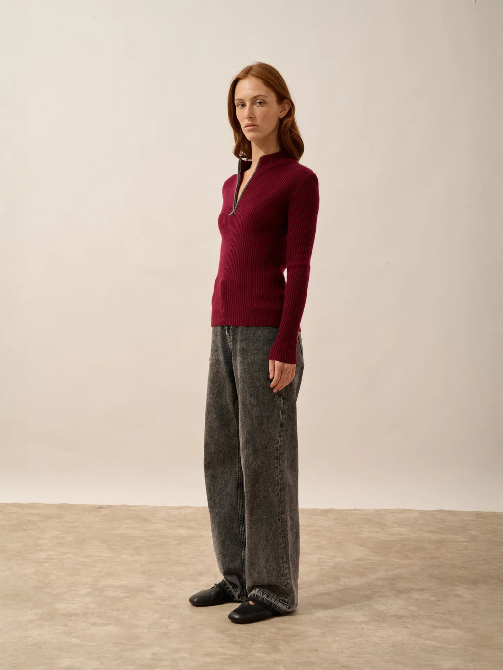 CASSILDA Pullover Truckerkragen Bordeaux und Anthrazit meliert