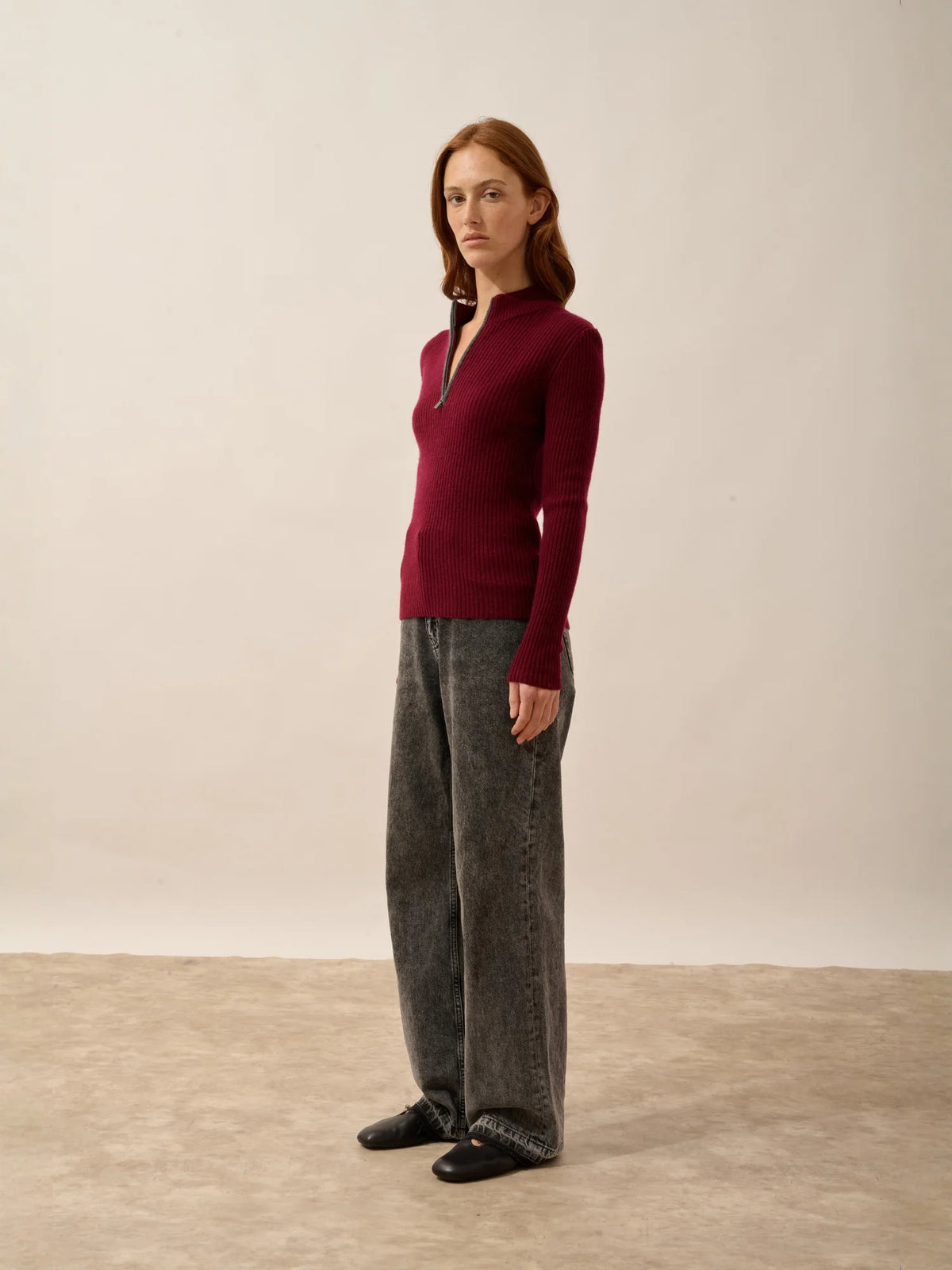 CASSILDA Pullover Truckerkragen Bordeaux und Anthrazit meliert