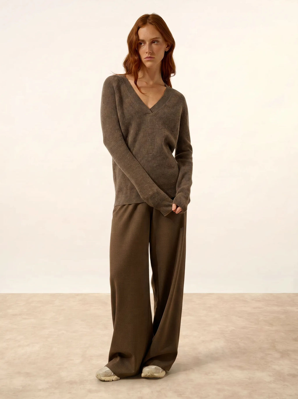ISALUNE Pull Col V Taupe Chiné
