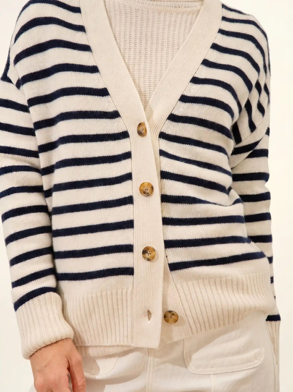 MIRENA Cardigan V-Neck 4 Ply Navy and Ivory