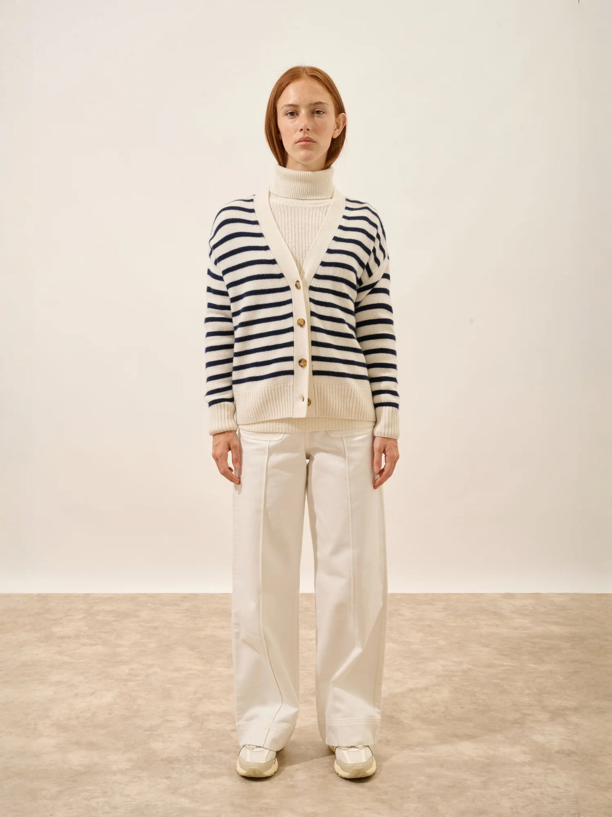 MIRENA Cardigan V-Neck 4 Ply Navy and Ivory