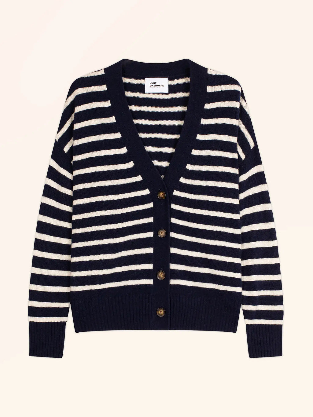 MIRENA Cardigan Col V 4 Fils Bleu Marine et Ivoire