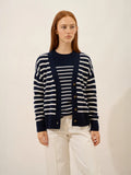 MIRENA Cardigan Col V 4 Fils Bleu Marine et Ivoire