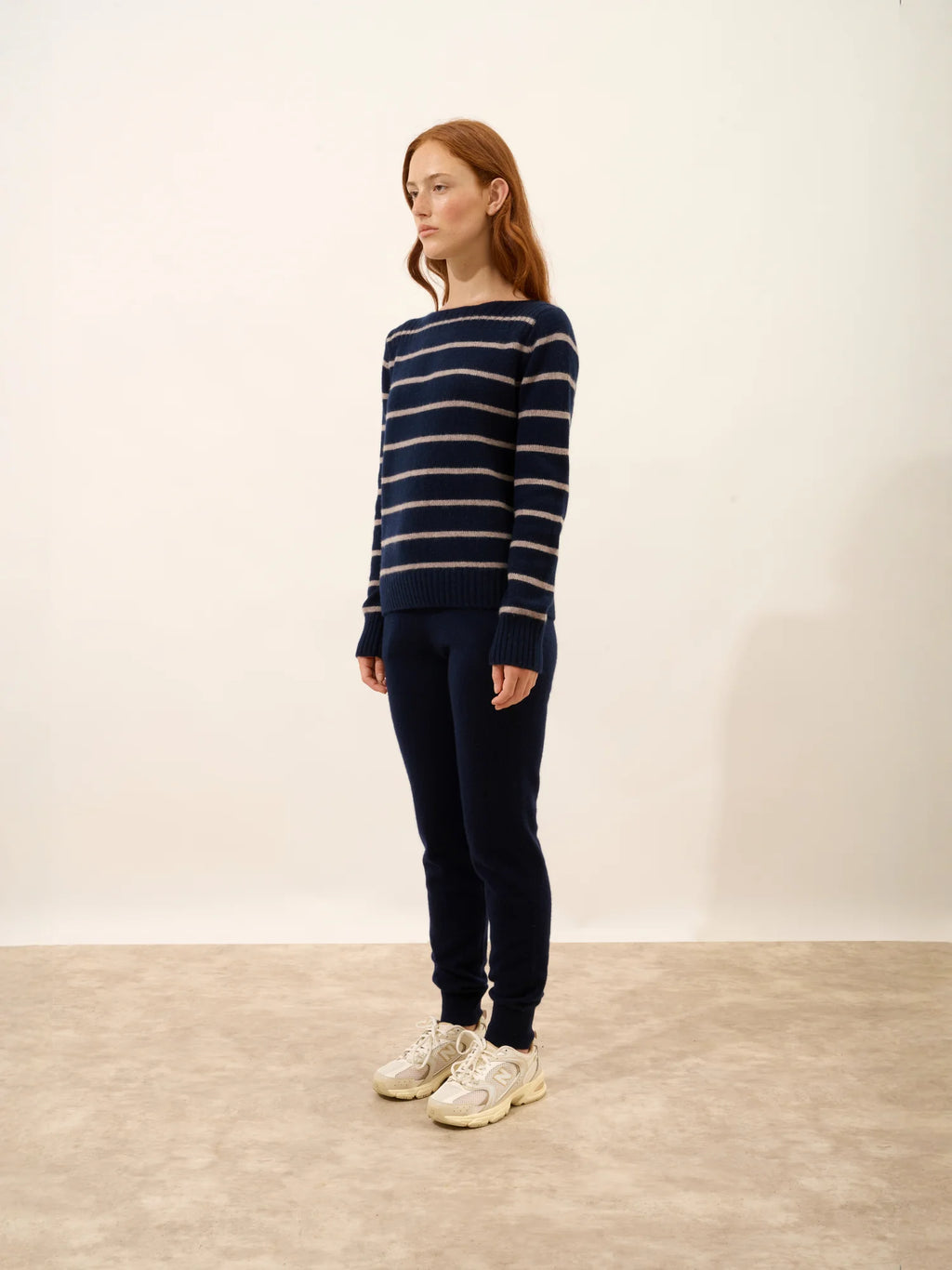 GAÏA Sweater Boat Neck 4 Ply Navy and Heather Caribou