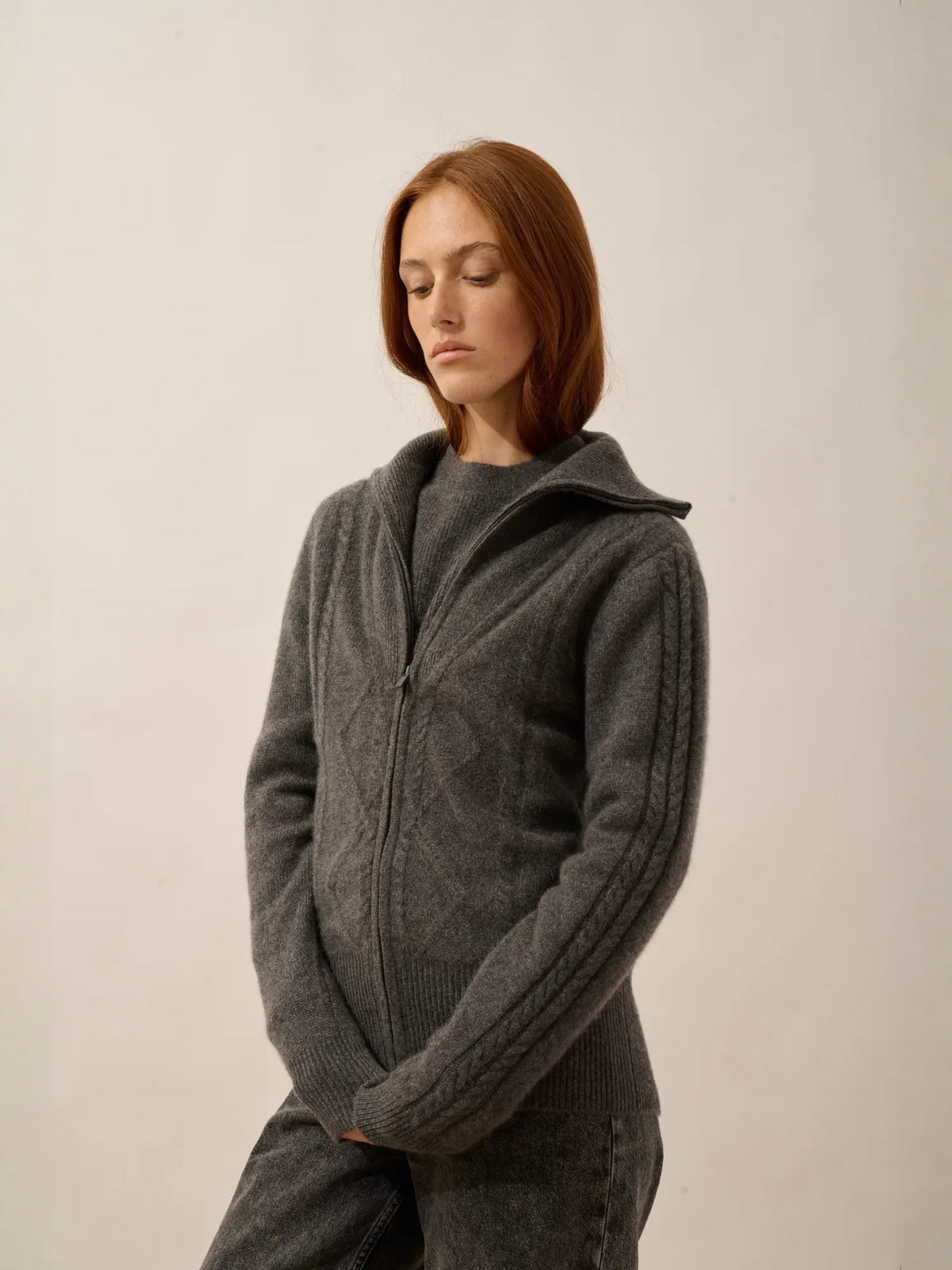 TALARA Gilet Zippé Col Camionneur 4 Fils Anthracite Chiné