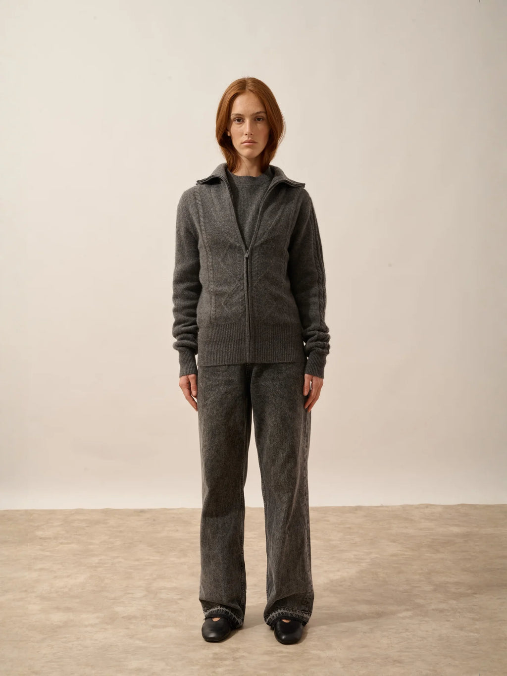 TALARA Gilet Zippé Col Camionneur 4 Fils Anthracite Chiné