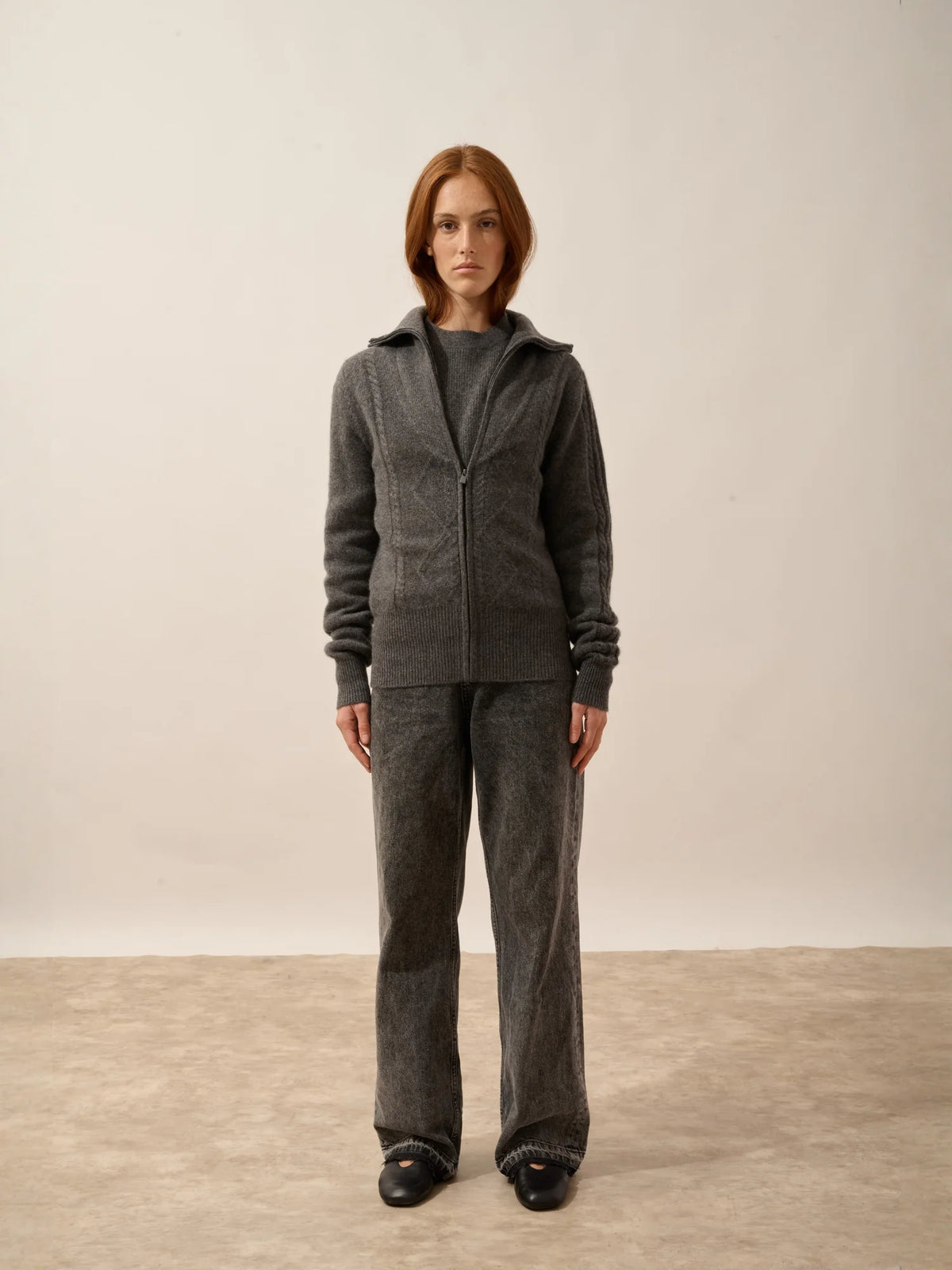 TALARA Gilet Zippé Col Camionneur 4 Fils Anthracite Chiné