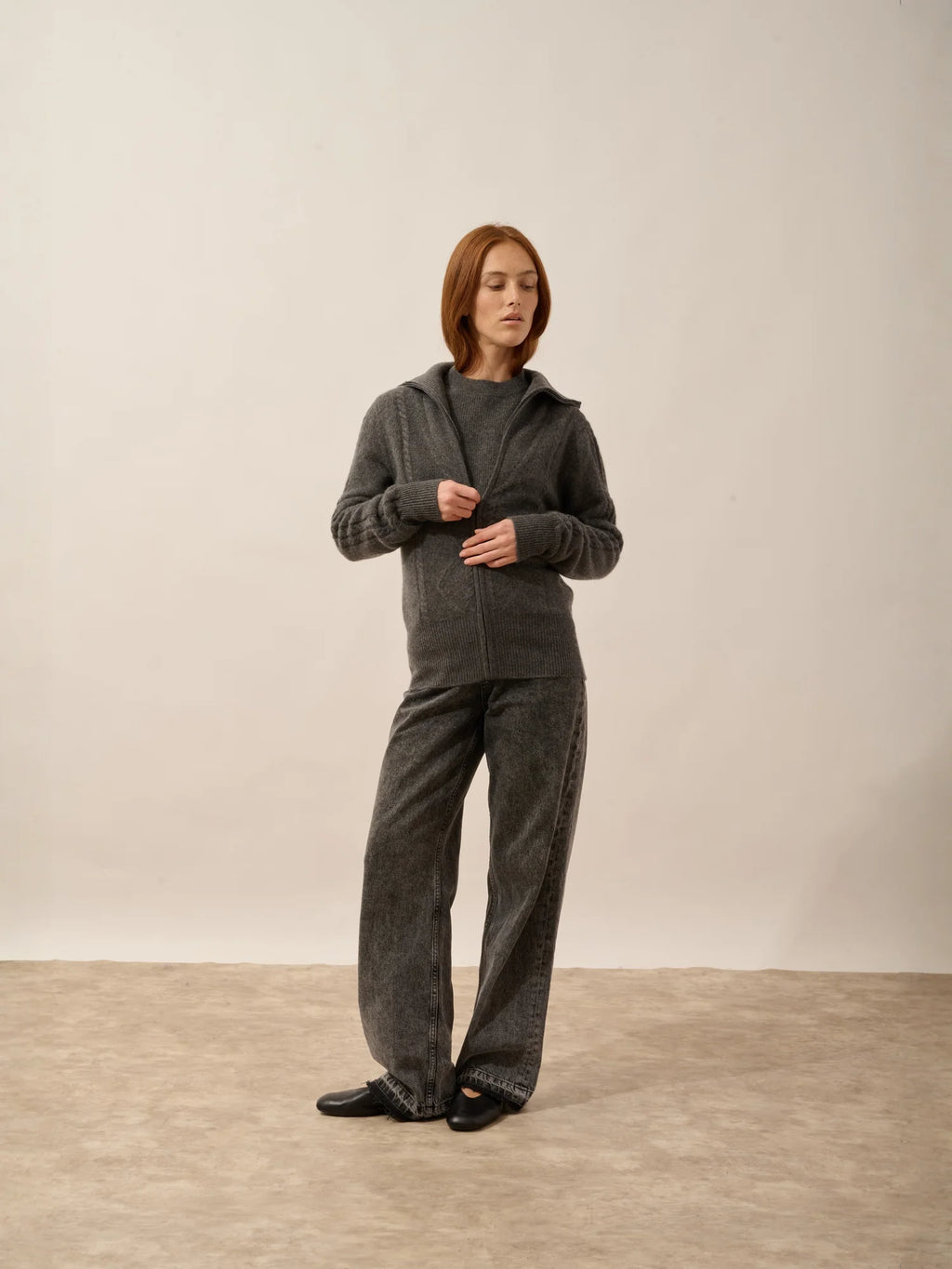 TALARA Gilet Zippé Col Camionneur 4 Fils Anthracite Chiné