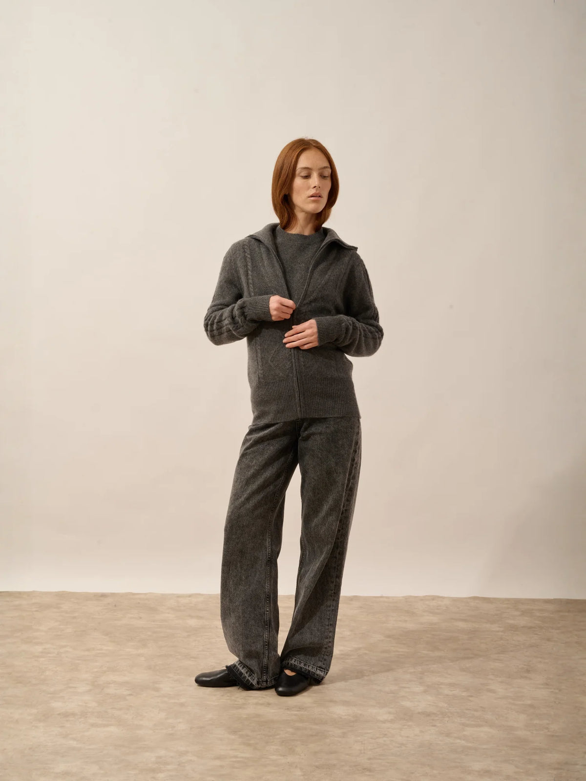 TALARA Gilet Zippé Col Camionneur 4 Fils Anthracite Chiné