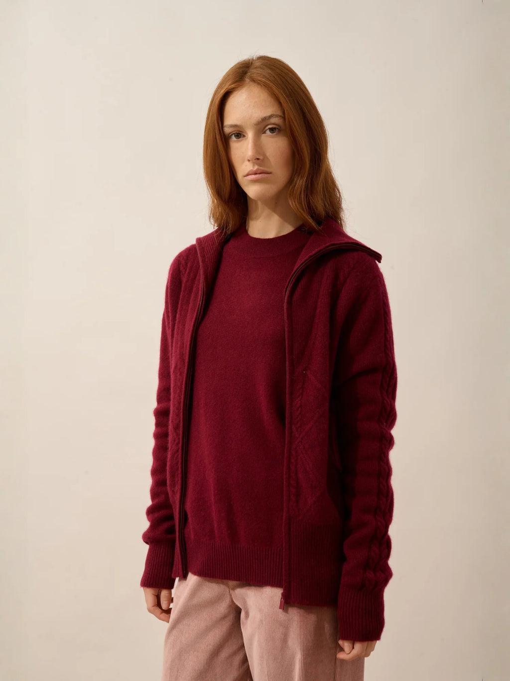 TALARA Gilet Zippé Col Camionneur 4 Fils Bordeaux