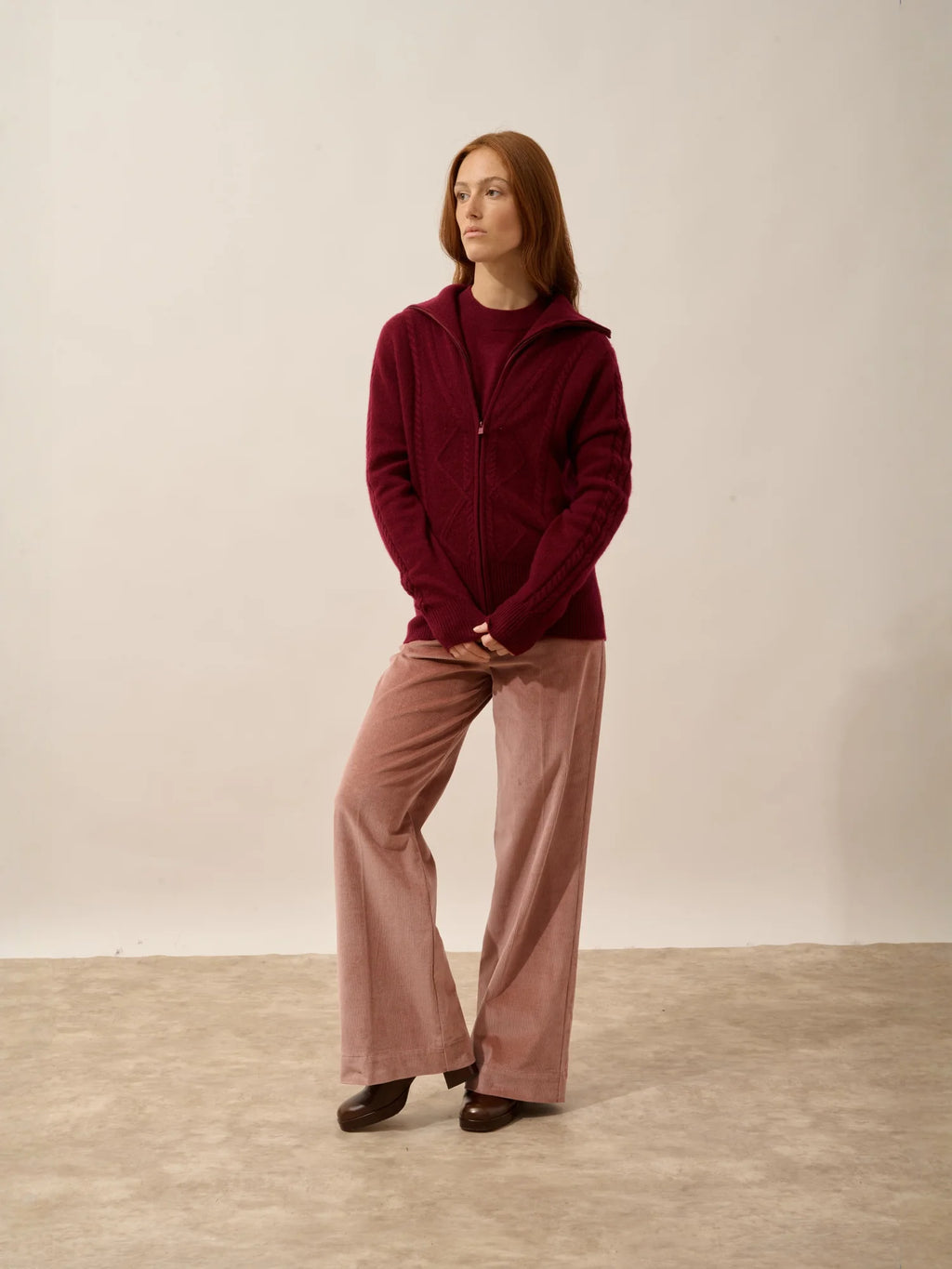 TALARA Gilet Zippé Col Camionneur 4 Fils Bordeaux
