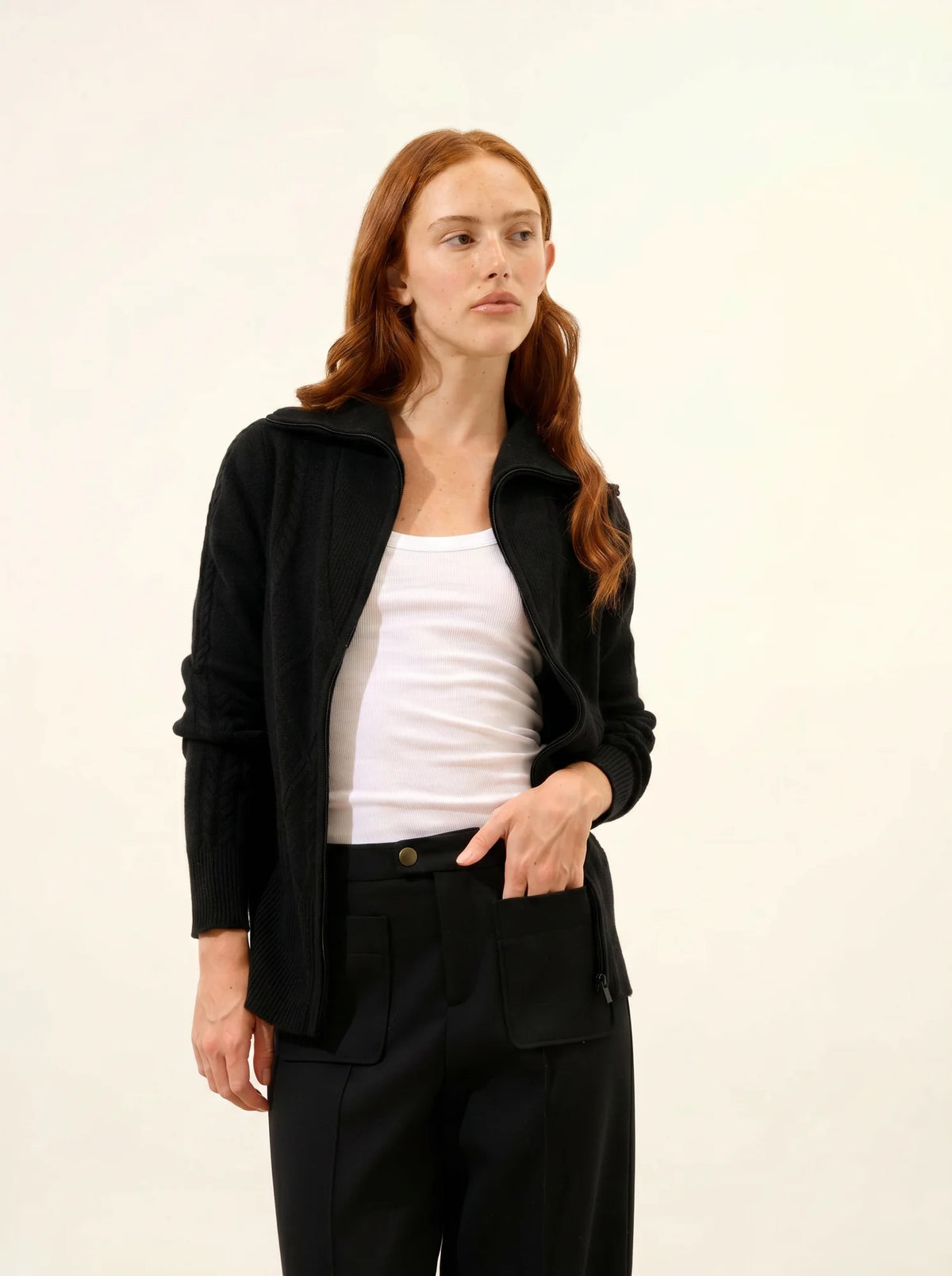 TALARA Gilet Zippé Col Camionneur 4 Fils Noir