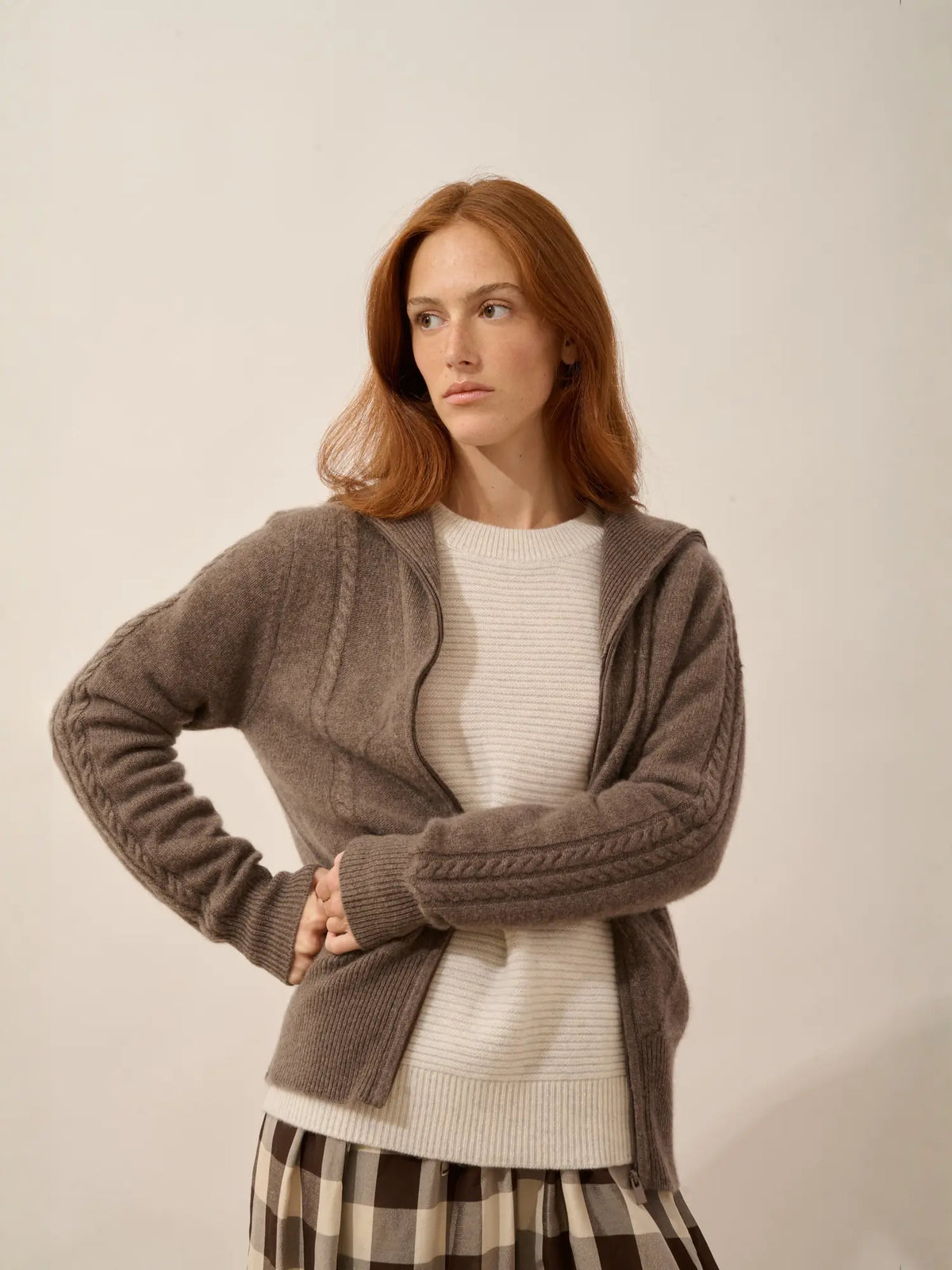 TALARA Gilet Zippé Col Camionneur 4 Fils Taupe Chiné