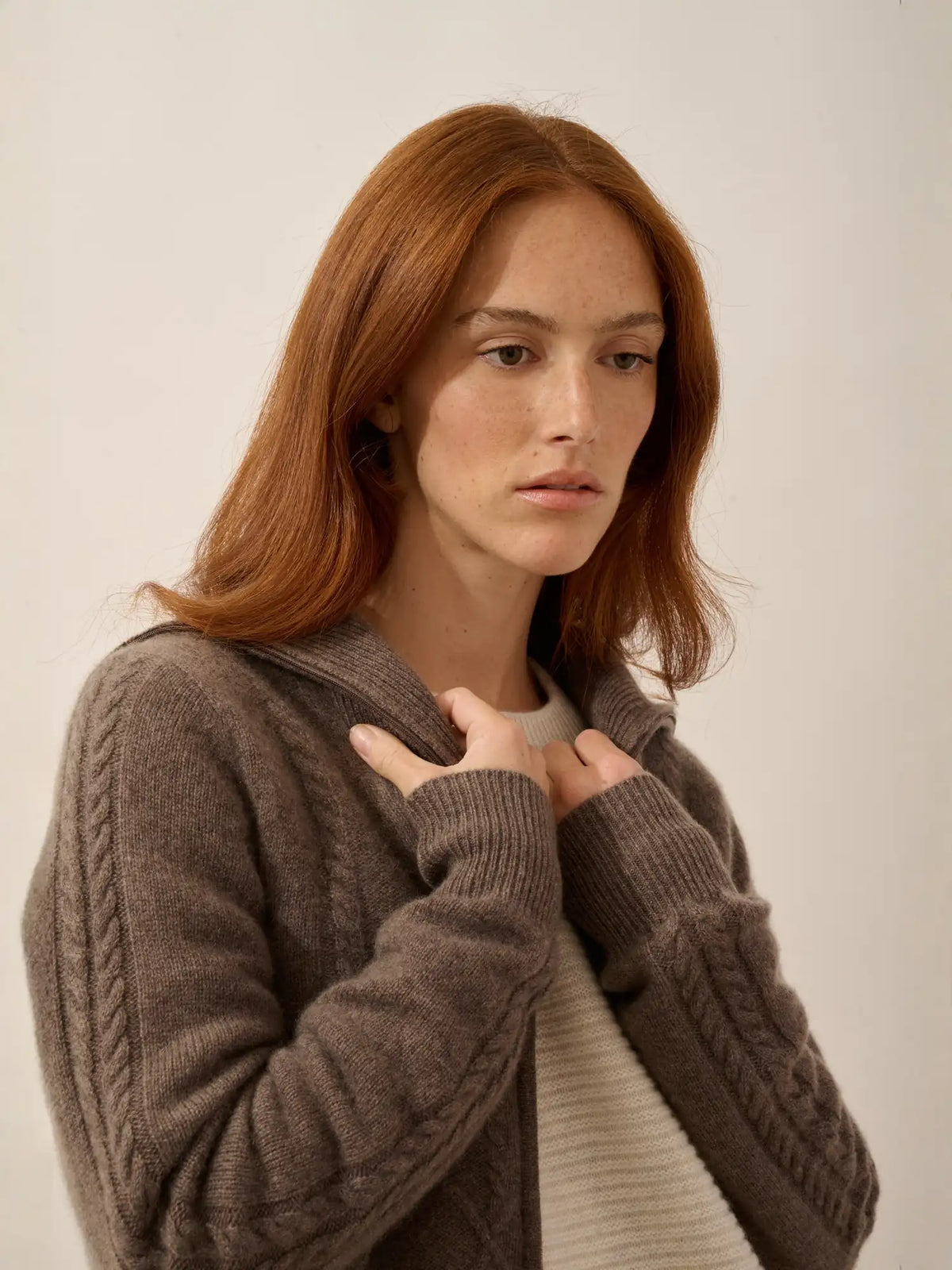 TALARA Gilet Zippé Col Camionneur 4 Fils Taupe Chiné