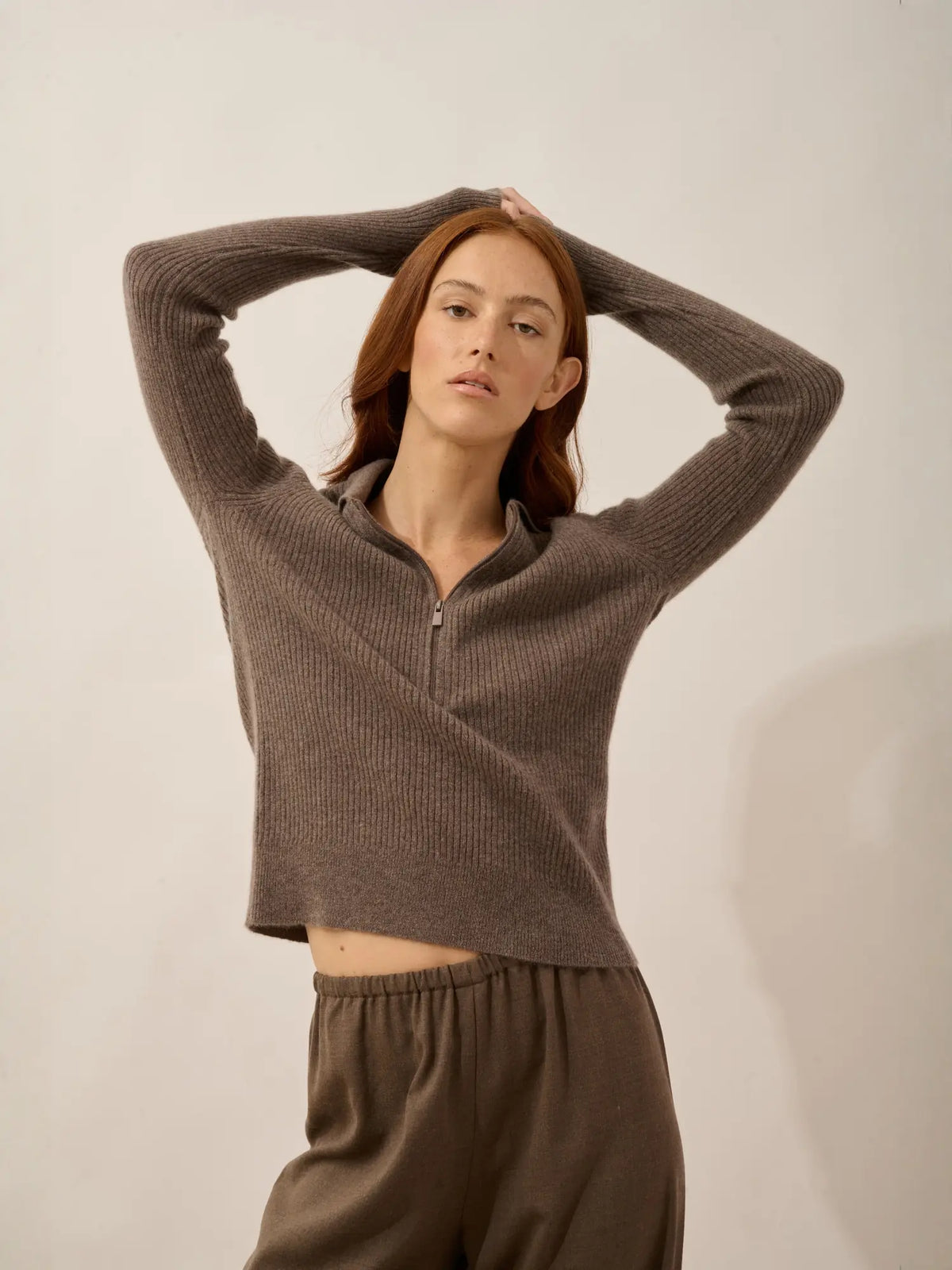 KRISTJAN Polo Col Zippé Manches Longues Taupe Chiné