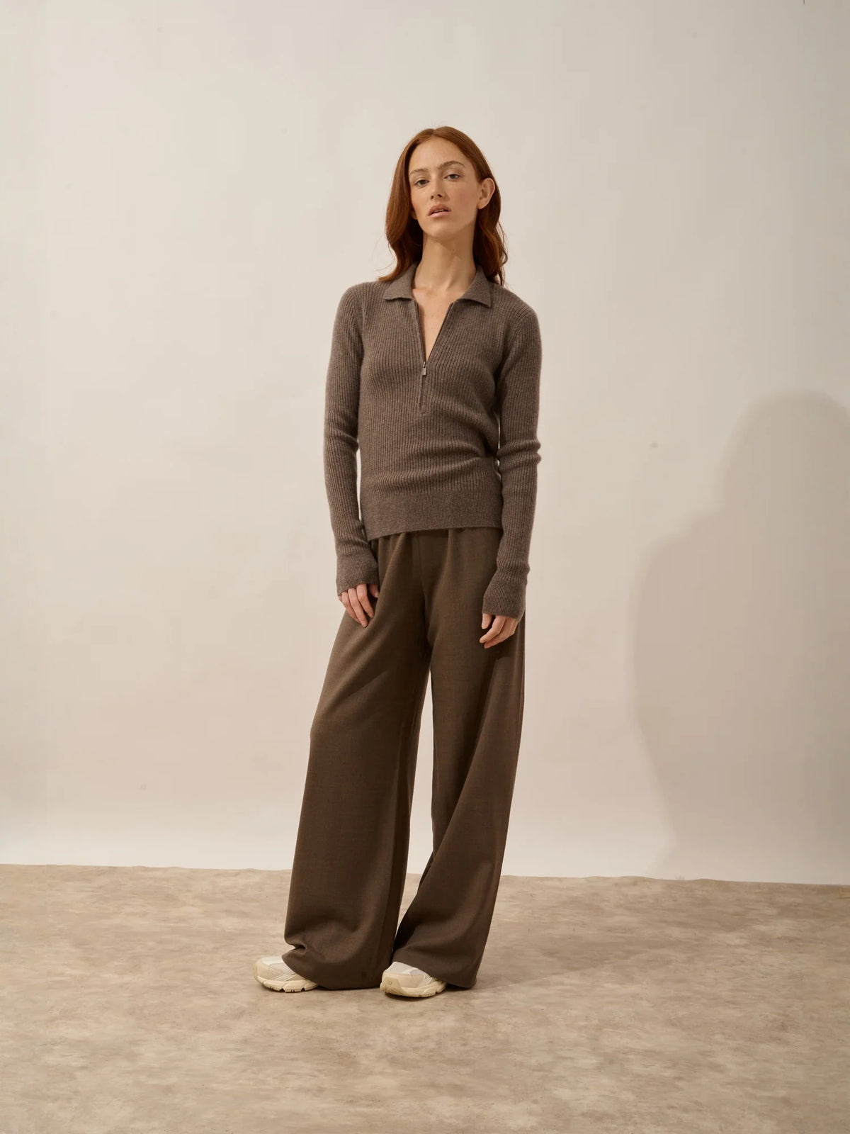 KRISTJAN Polo Col Zippé Manches Longues Taupe Chiné