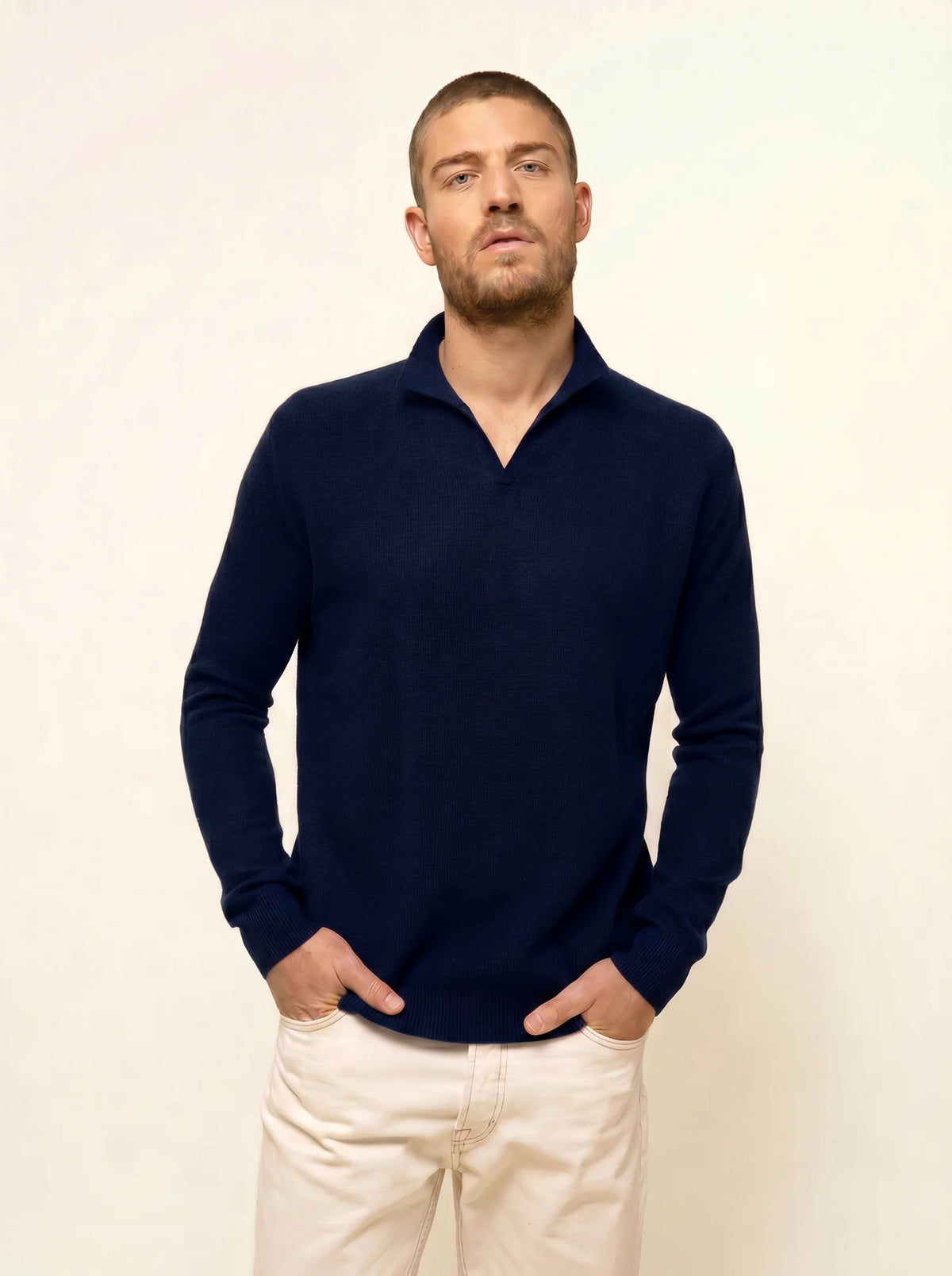 NOAH Pull Col Polo Ouvert Bleu Marine