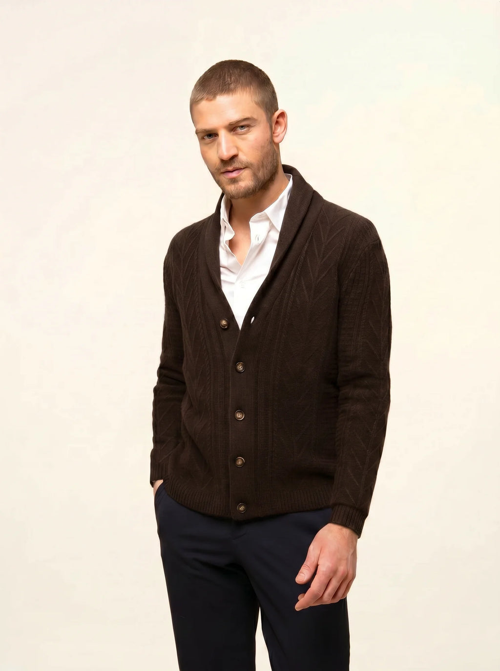 GARMA veste boutonnée col châle 6 fils choco