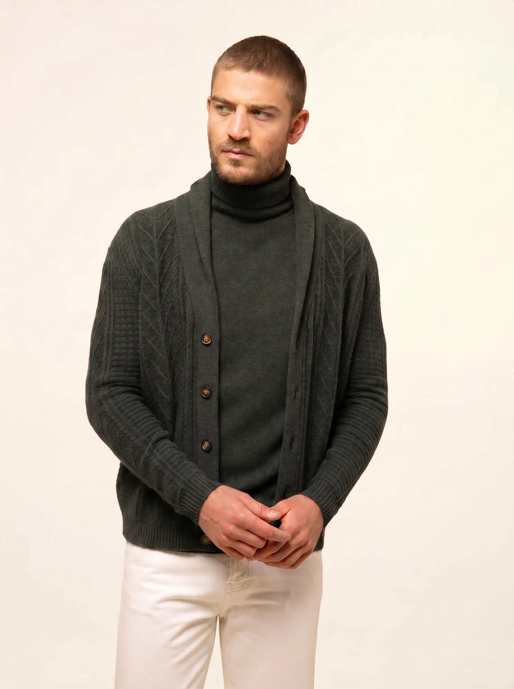GARMA Jacket Buttoned Shawl Collar 6 Ply Heather Khaki