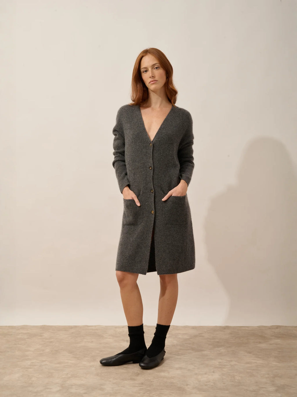 DACHE Cardigan Long Col V Anthracite Chiné