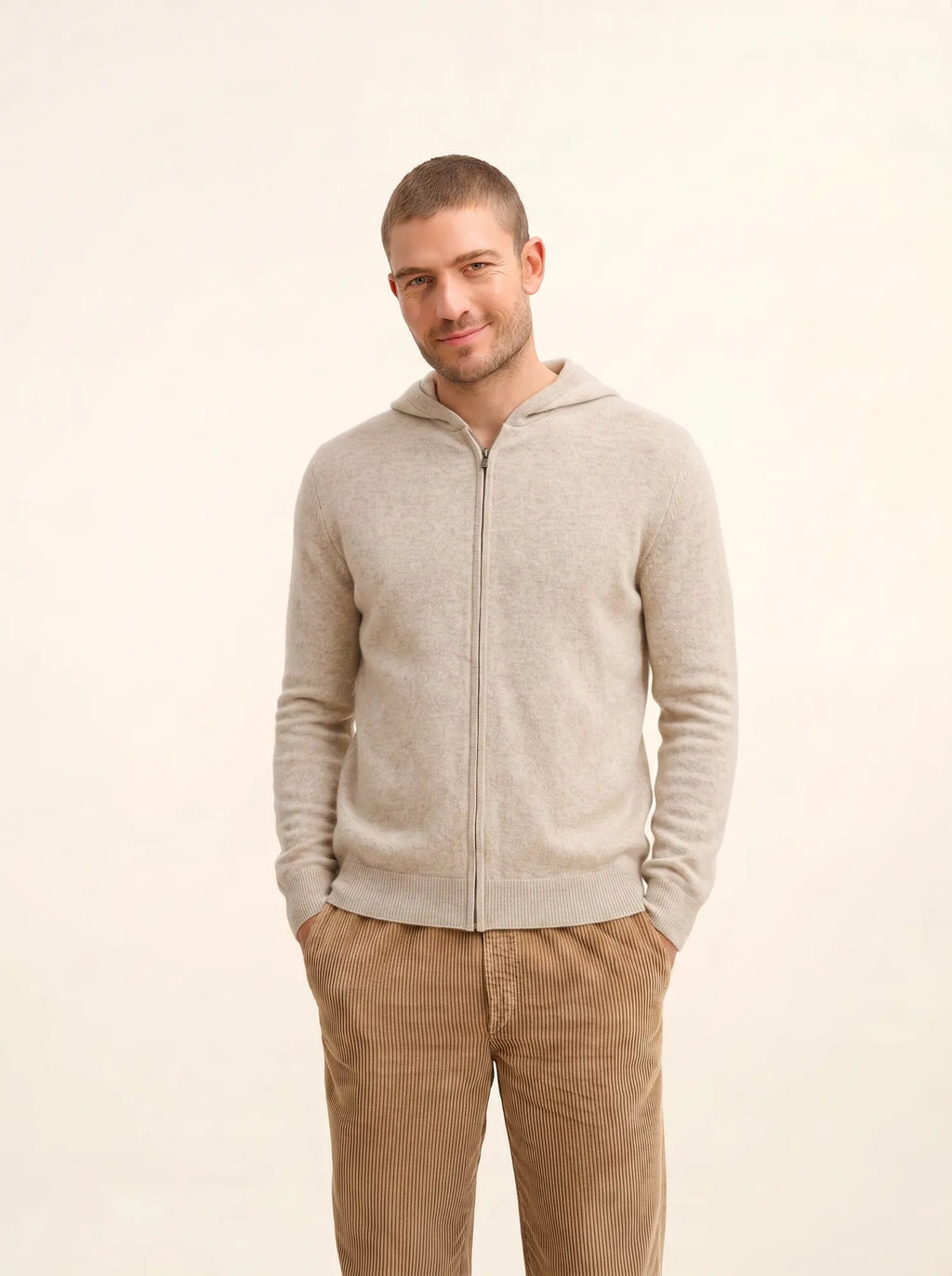 ELLIOT gilet zippé capuche camel clair chiné