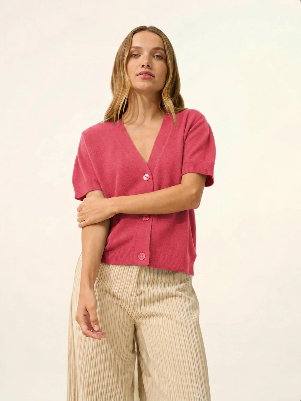 DAN Cardigan Col V Manches Courtes Corail