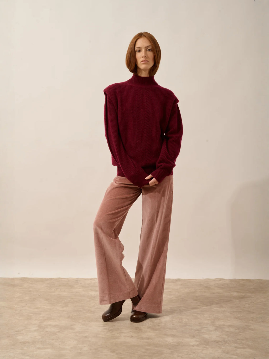 IQUITOS Sweater Mock Neck Pleated Shoulders 4 Ply Burgundy