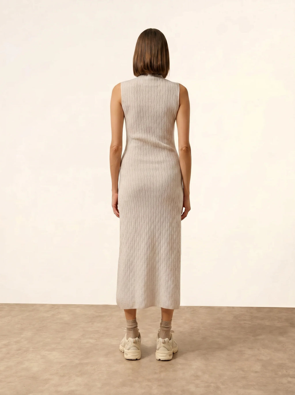 MANON Kleid Stehkragen ärmellos Perlgrau meliert