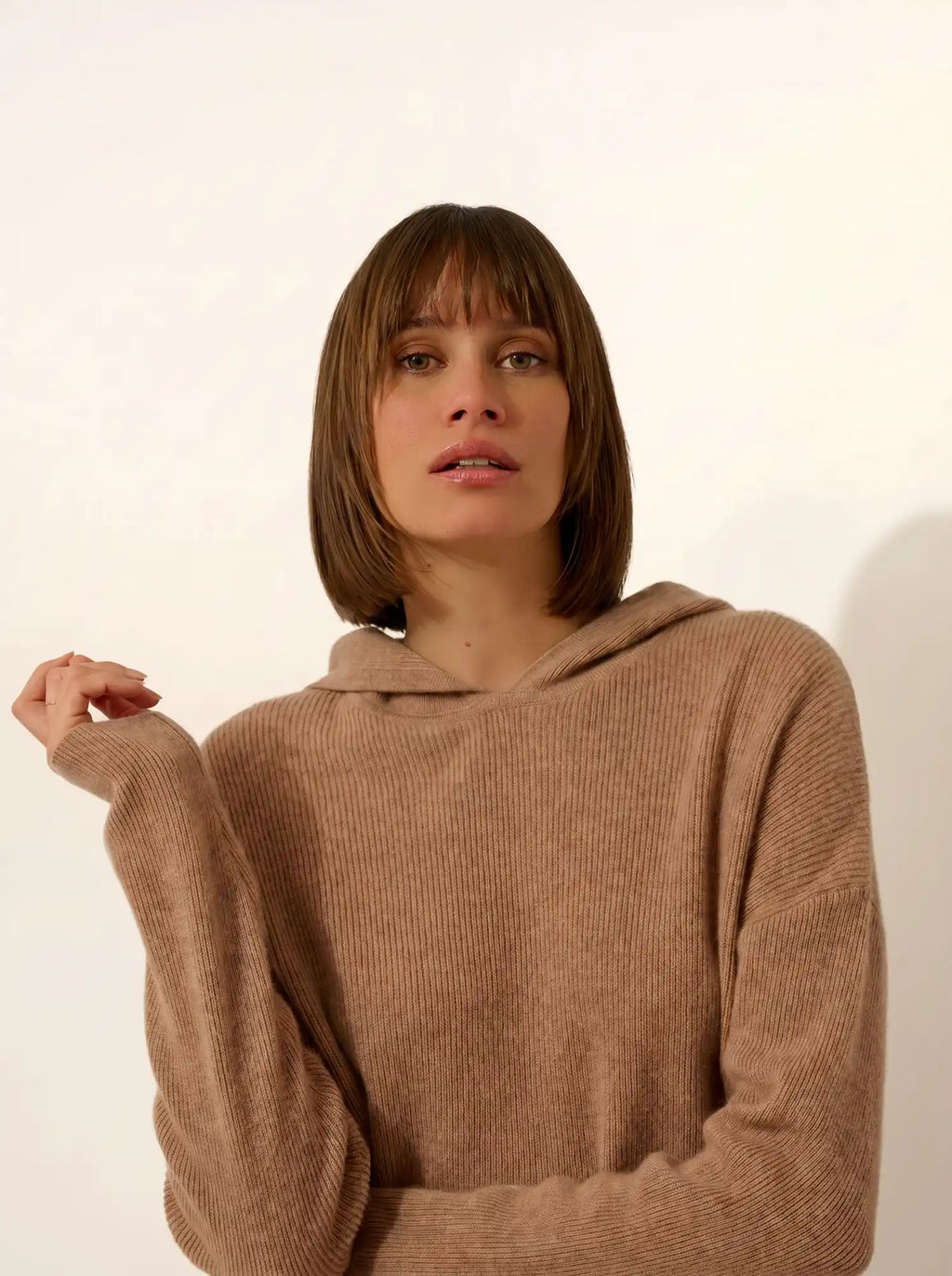 BEELE Pullover mit Kapuze Camel meliert