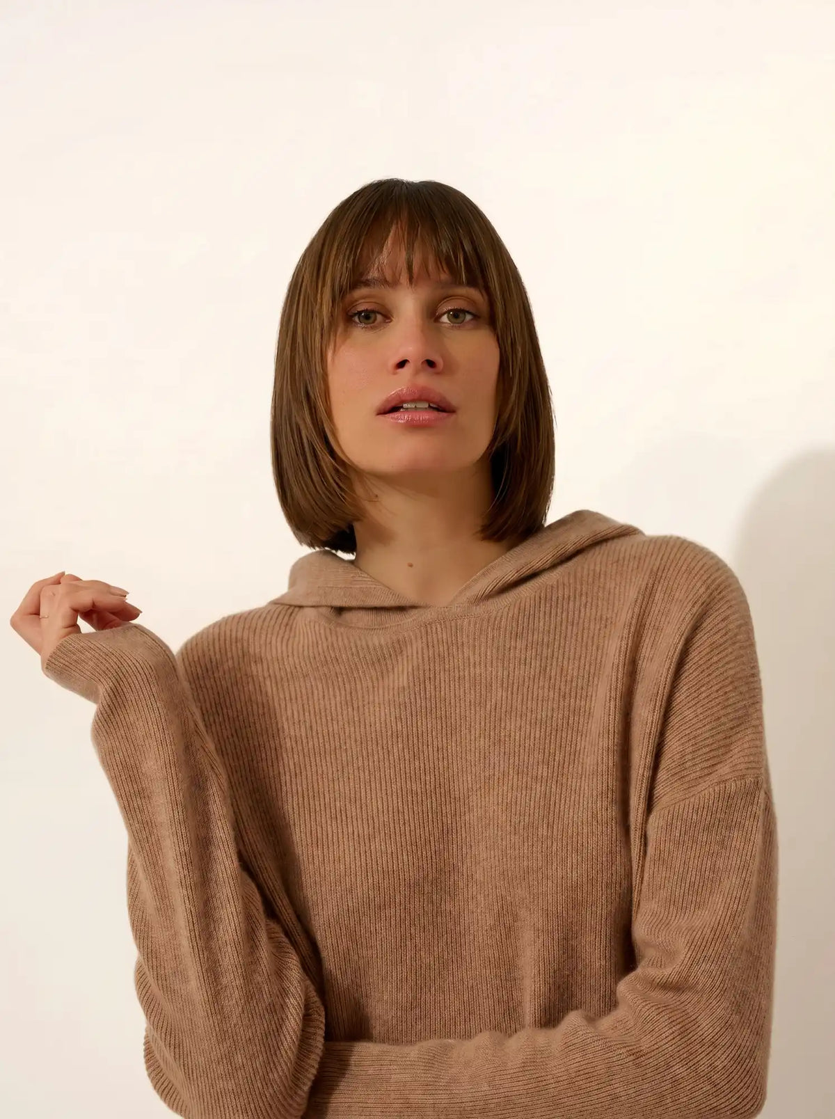 BEELE Pullover mit Kapuze Camel meliert